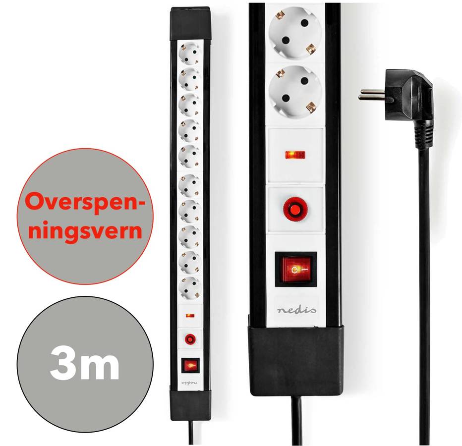 Nedis Strømforgrener med Overspenningsvern, 10 Kontakter, 3500W, 3m kabel