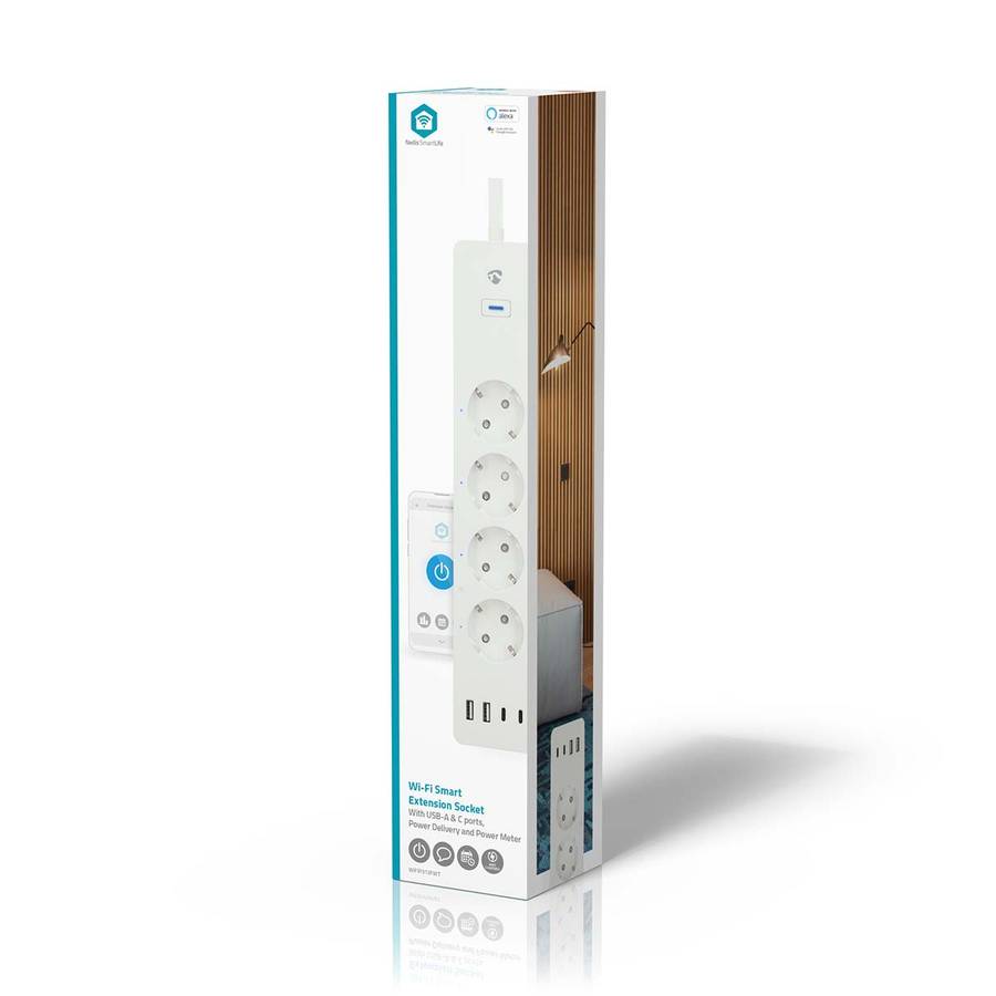 SmartLife Wi-Fi 4-veis strømforgrener, 4 USB A/C-porter, 16A, 3680W, 2m kabel