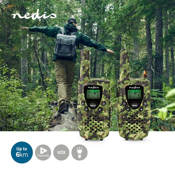 Hovedbilde Nedis Walkie-talkie-sett med kamuflasjemønster i en bæreveske