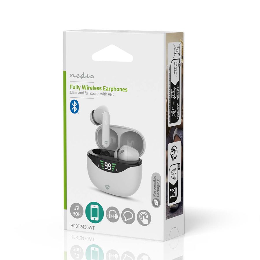 Nedis Pods ANC (Active Noise Cancelling, Bluetooth, 30 timer, Touch kontroll, Trådløs ladeetui, Innebygd mikrofon, hvit
