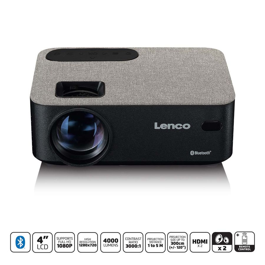 Lenco HD 720P LCD-projektor med Bluetooth grå, 4000 lumen, Full HD 1080P