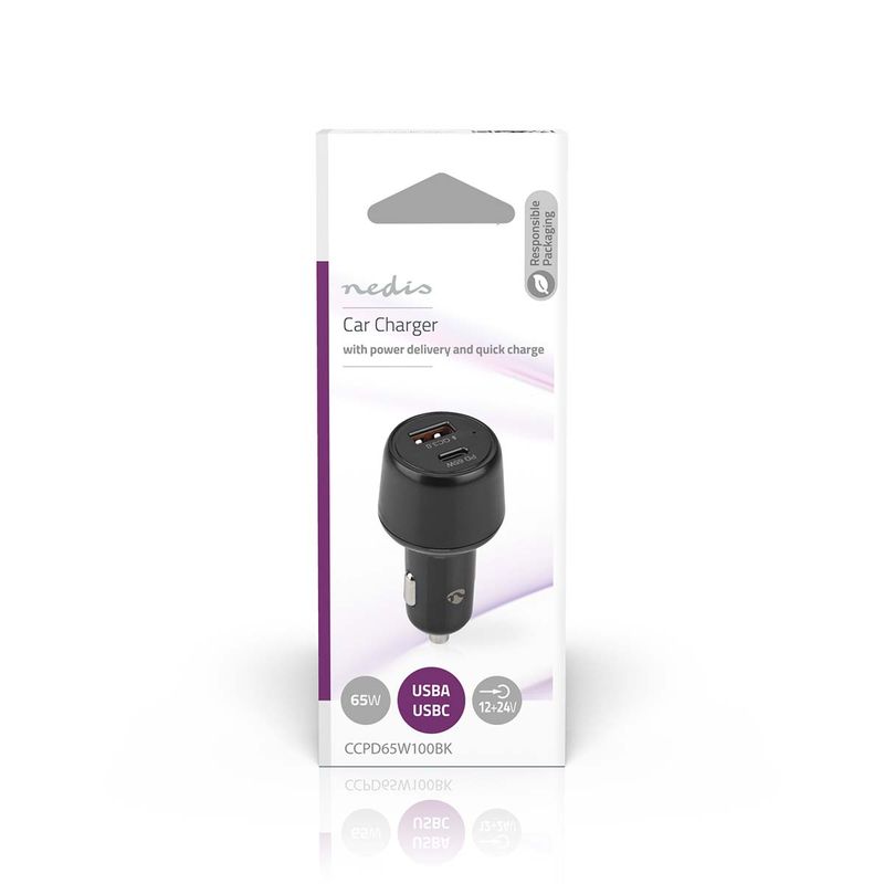Nedis Billader 65W, 3.25A, USB-A / USB-C, Fast Charge, PD (Power Delivery) 65W, Smart IC-teknologi