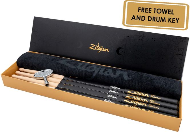 Hovedbilde Zildjian SDSP247 DIP 5A Pakke m/ 4 par 5A stikker, Zildjian håndkle og trommenøkkel 