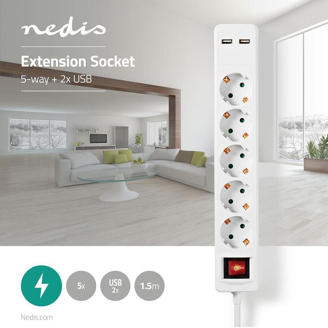 Hovedbilde Nedis 5-veis strømforgrener, 2 USB-porter, av/på bryter