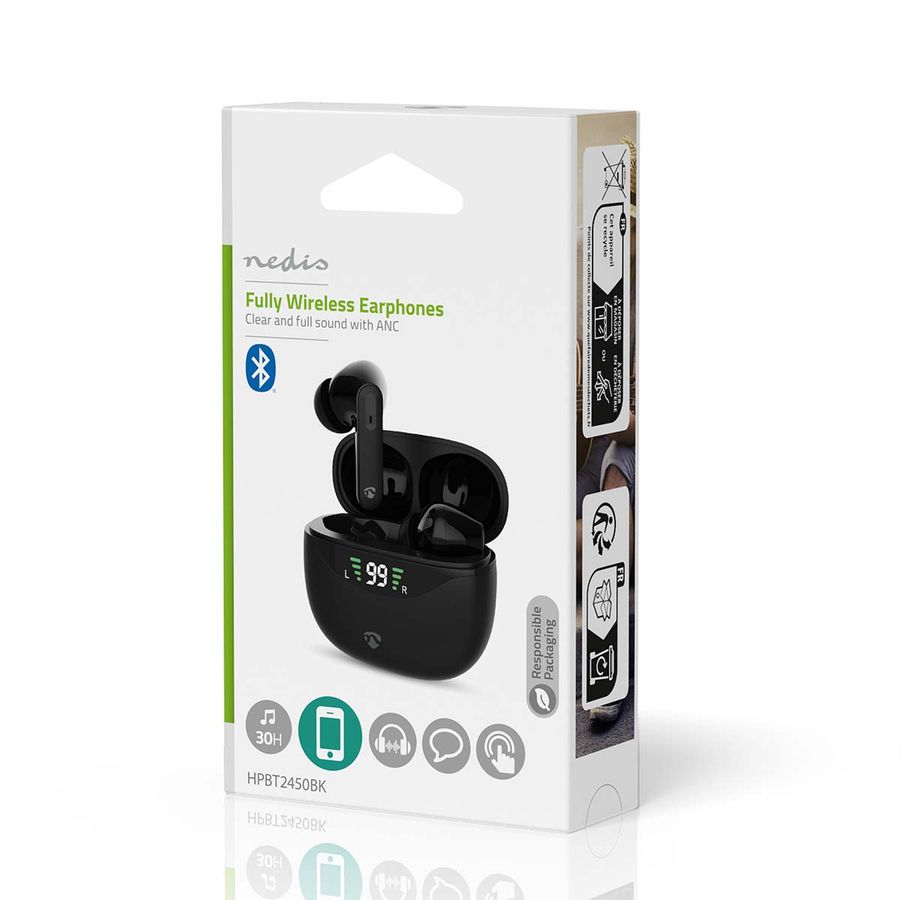 Nedis Pods ANC (Active Noise Cancelling, Bluetooth, 30 timer, Touch kontroll, Trådløs ladeetui, Innebygd mikrofon, sort