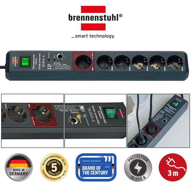 Hovedbilde Brennenstuhl Secure-Tec, 6-veis strømforgrener med overspenningsvern og Main-Follow-funksjon, 3m kabel 