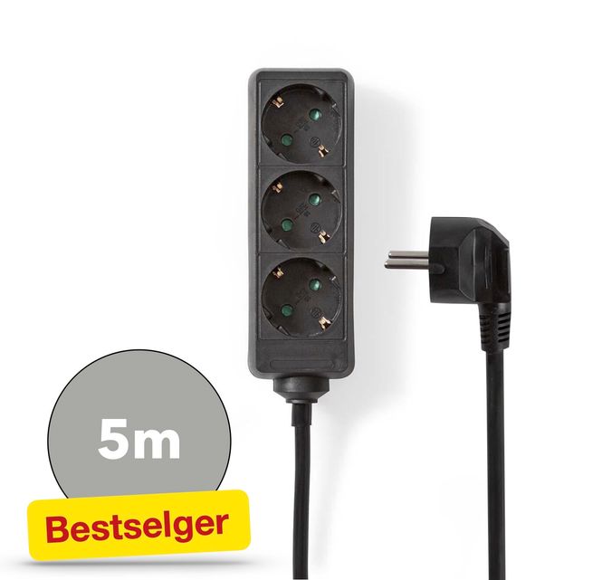 Hovedbilde Nedis 3-veis strømforgrener, 5m kabel, Sort
