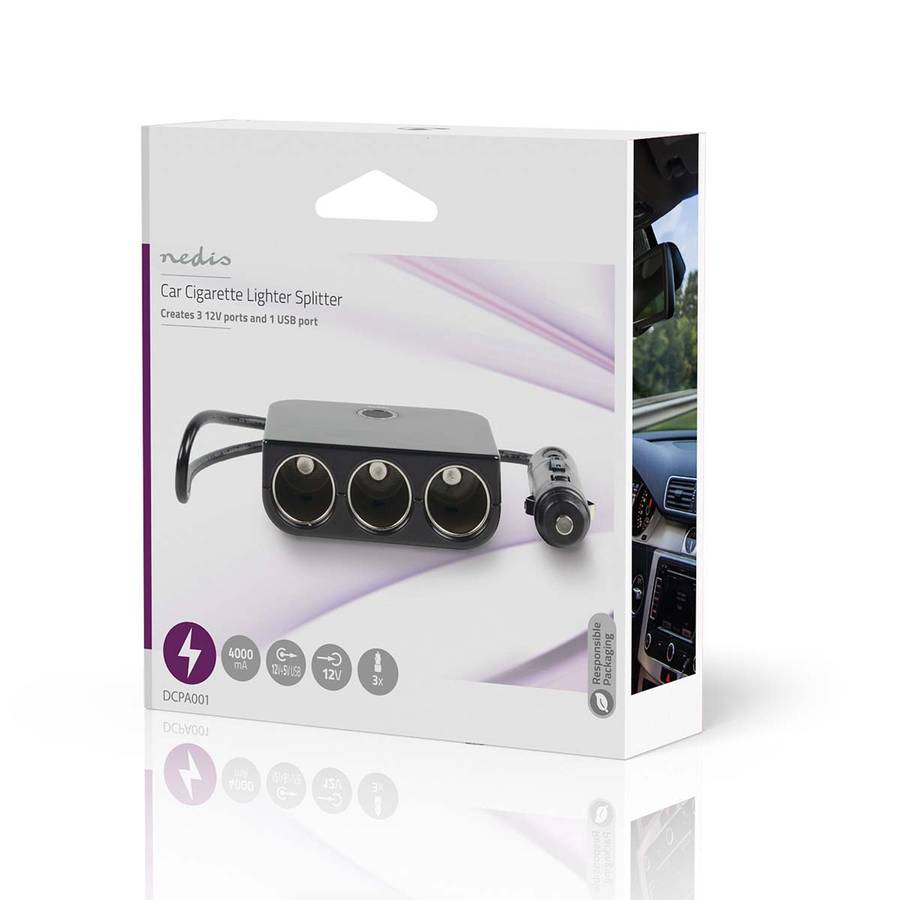 Nedis Biladapter 12V, 150W, 3x 12V + 1x USB-A for å lade USB-enheten