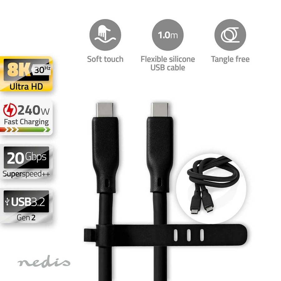 Nedis USB-C 3.2 Gen 2 kabel, USB-C, 20 Gbps, 240W, high-speed, 1M, sort