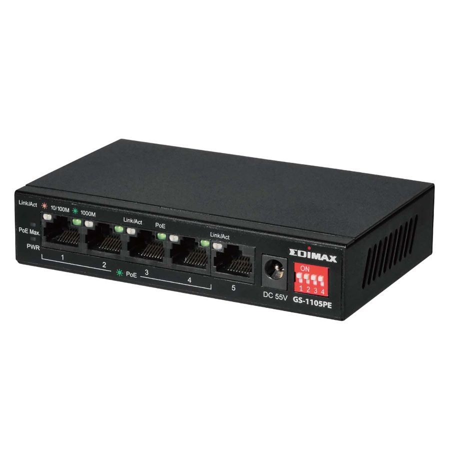 Edimax GS-1105PE Switch, 5-port Gigabit PoE+-bryter med 4 PoE+-porter og DIP-bryter