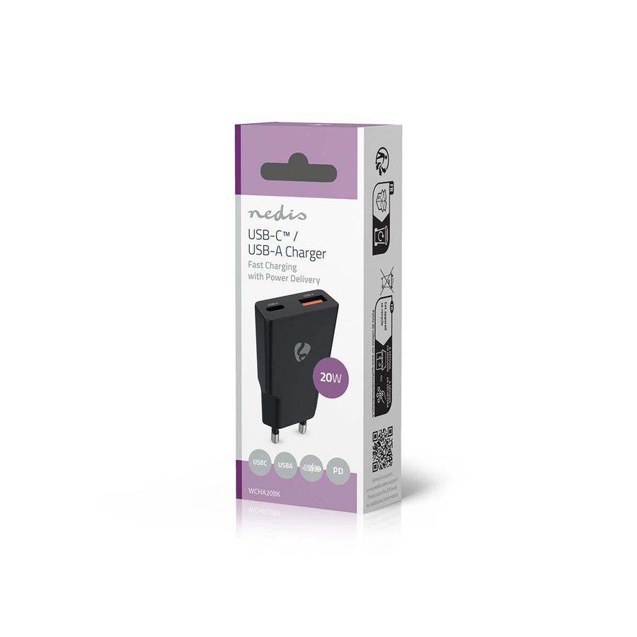 Nedis 20W USB-C og USB-A lader med Hurtigladefunksjon