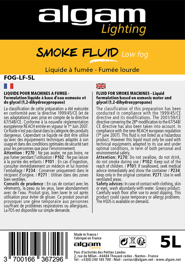 Algam FOG-LF-5L røykvæske, tung/tykk tetthet, vannbasert, 5 liter