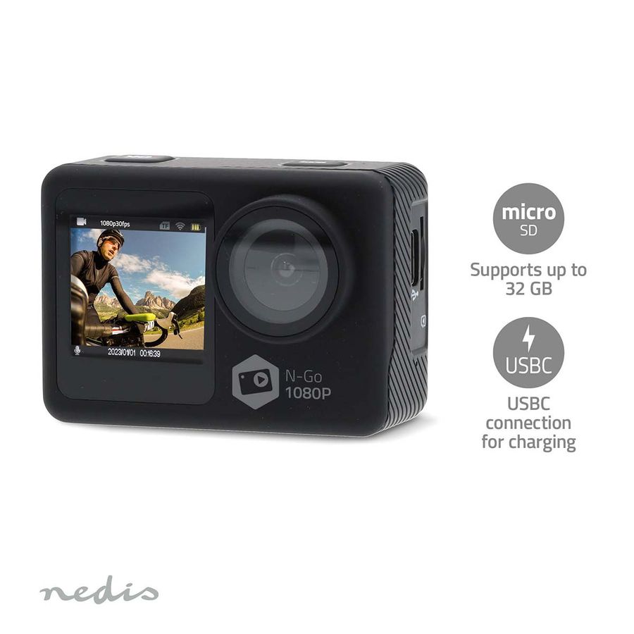 Nedis Actionkamera Dobbel Skjerm, 1080p@30fps, 12 MPixel, WiFi, HD, vanntett opptil 30M