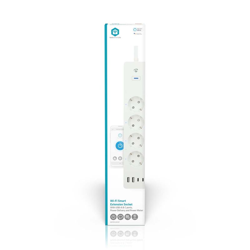 SmartLife Wi-Fi 4-veis strømforgrener, 4 USB A/C-porter, 16A, 3680W, 2m kabel