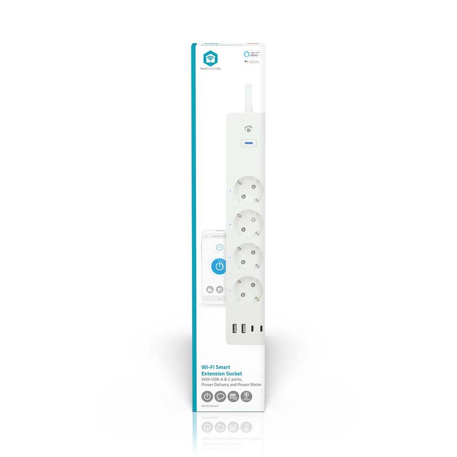 SmartLife Wi-Fi 4-veis strømforgrener, 4 USB A/C-porter, 16A, 3680W, 2m kabel
