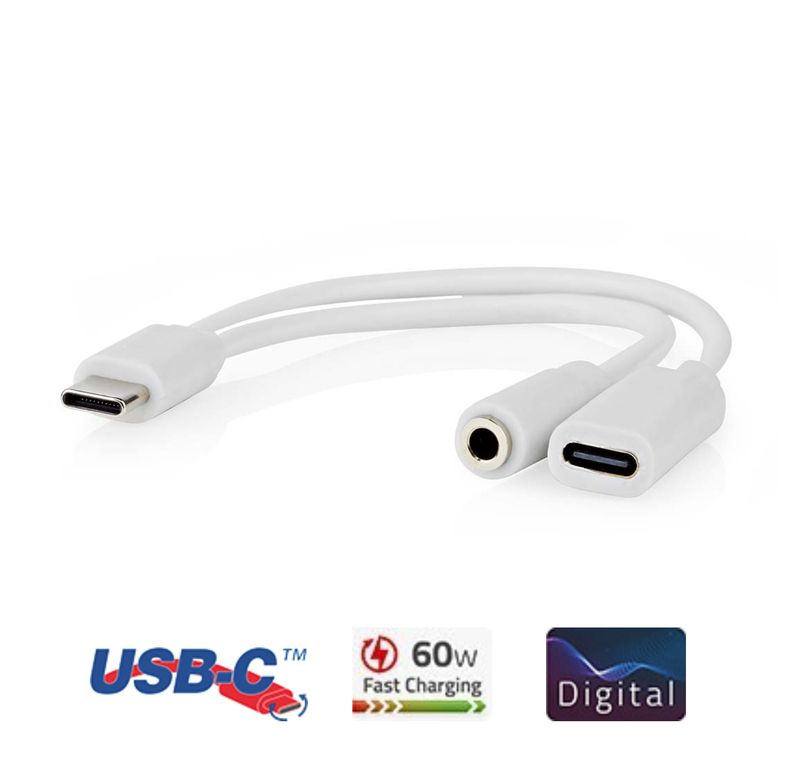 Nedis USB-C Adapter - lading og lytting av musikk på mobil, pad, PC/Mac
