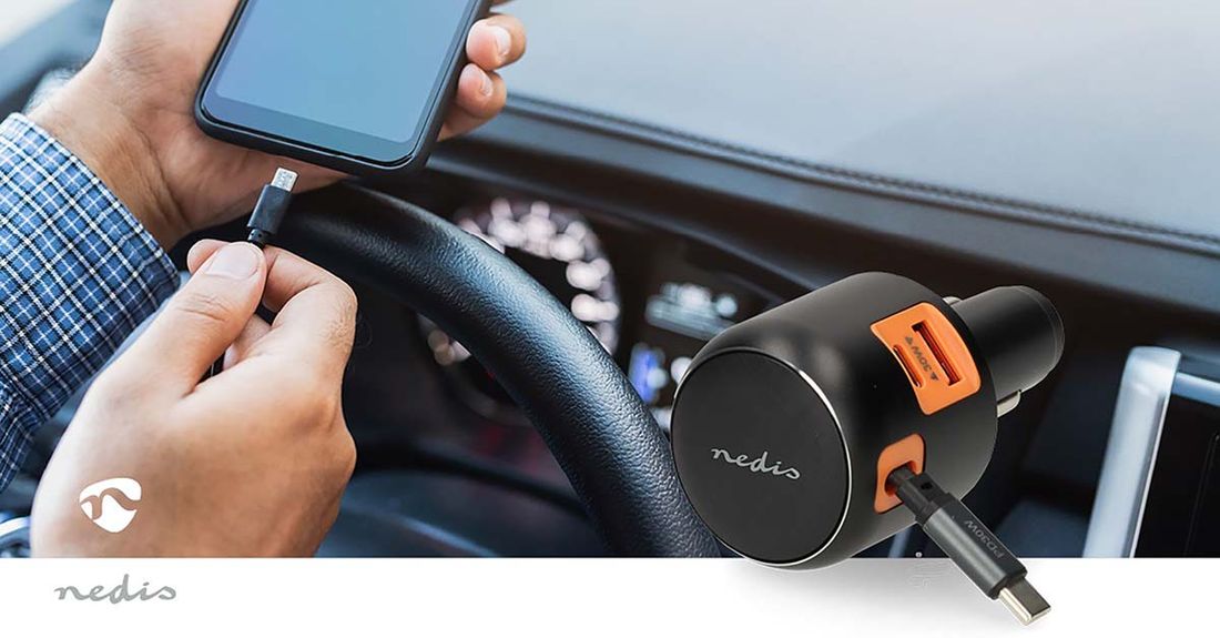 Nedis Billader 60W, 3.0A, USB-A / USB-C, Uttrekkbar USB-C-kabel, 0.70m