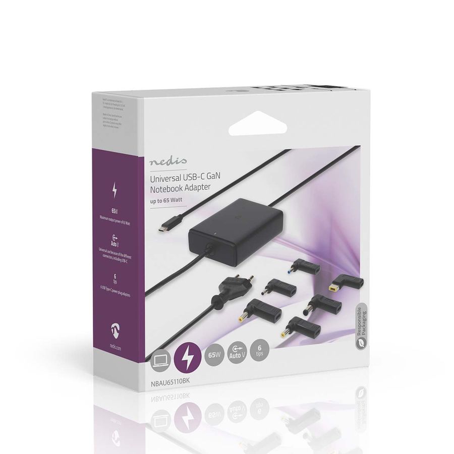 Nedis Notebook Adapter, 65W, 5/9/12/15/20V DC, 2.4/3.0/3.25 A