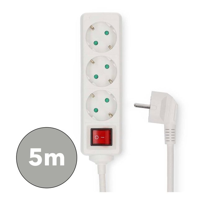 Hovedbilde Nedis 3-veis strømforgrener, 5m kabel, 3680W, 16A, Av/på-bryter, Hvit