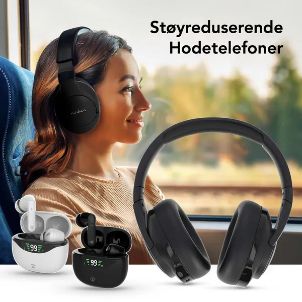 Nedis Pods ANC (Active Noise Cancelling, Bluetooth, 30 timer, Touch kontroll, Trådløs ladeetui, Innebygd mikrofon, hvit, støyreduksjon