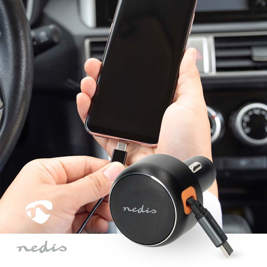 Nedis Billader 30W, 3.0A, Uttrekkbar USB-C-kabel, 0.70m